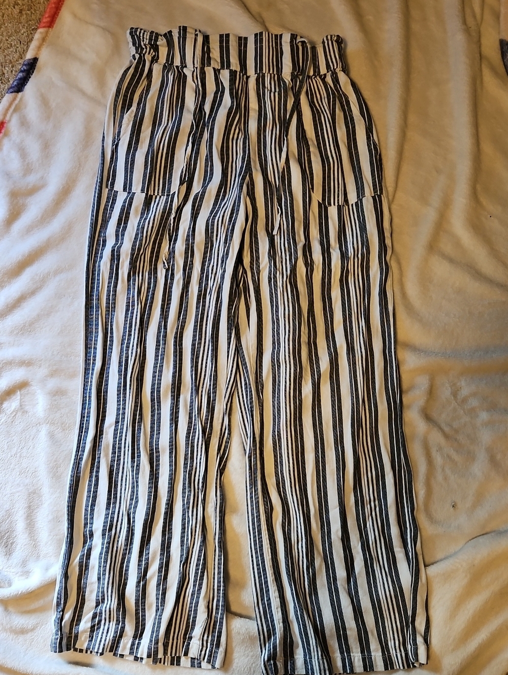 Angel Black and White Vertical Stripe Paperbag Wide-Leg Pants